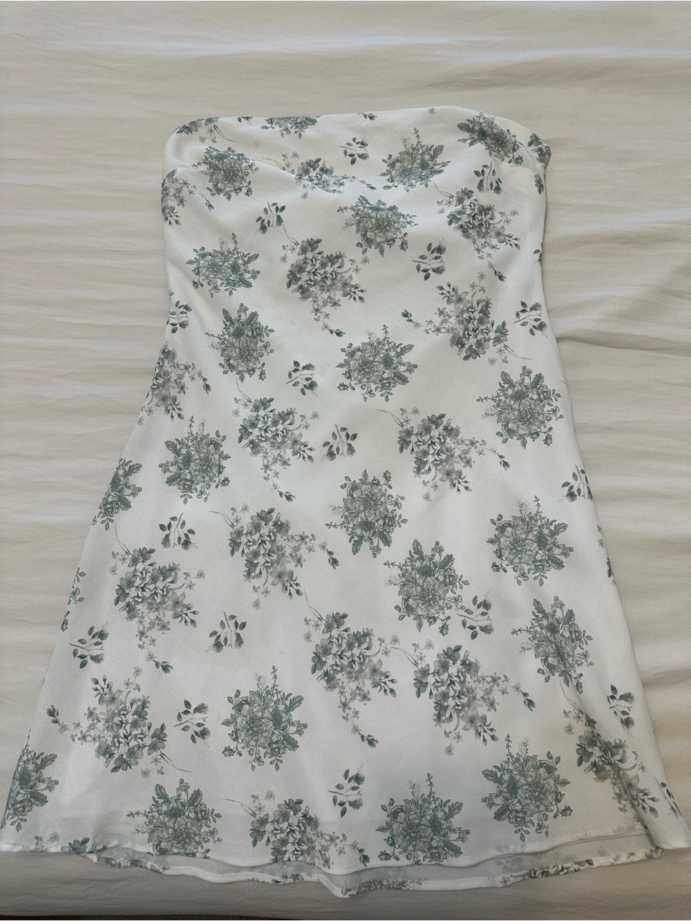 White Floral Strapless Mini Dress - Green Print